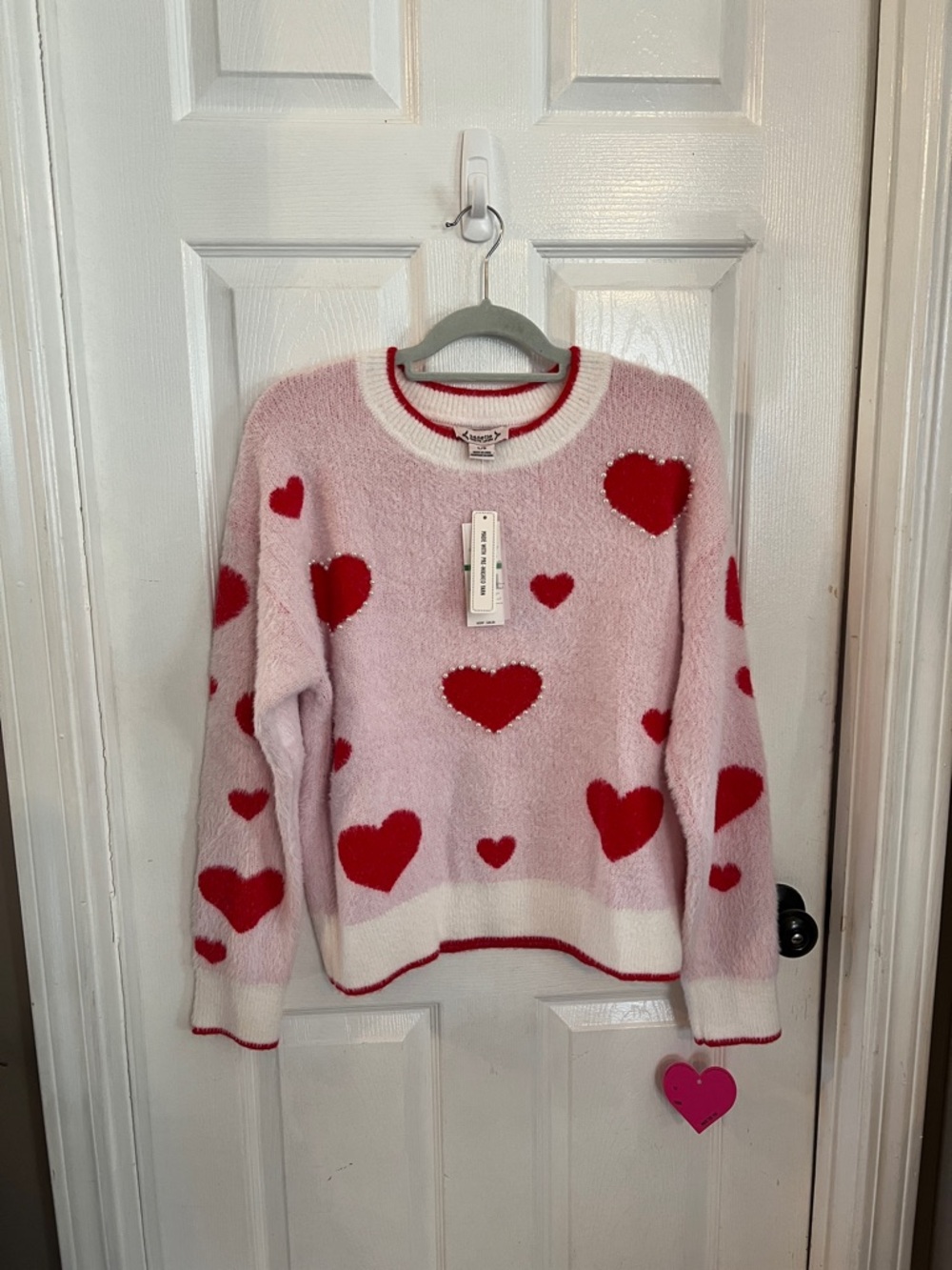 Nanette Lepore Pink Crewneck Sweater with Red Heart Pattern